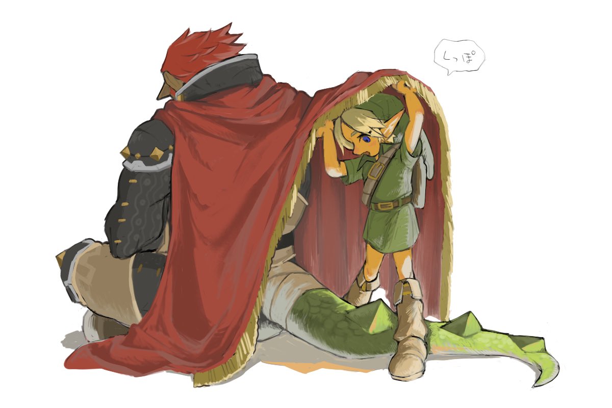 2boys armor arms_up backlighting bandaged_tail bare_arms belt black_jacket blonde_hair blue_eyes boots cape_lift commentary fringe_trim from_behind ganondorf green_headwear green_tail green_tunic grey_pants grrr0111 hat height_difference indian_style jacket knee_boots knee_guards link lizard_tail looking_down male_focus multiple_boys open_mouth pants pauldrons pointy_ears pointy_nose redhead short_hair short_sleeves shoulder_armor simple_background sitting standing symbol-only_commentary tail the_legend_of_zelda white_background