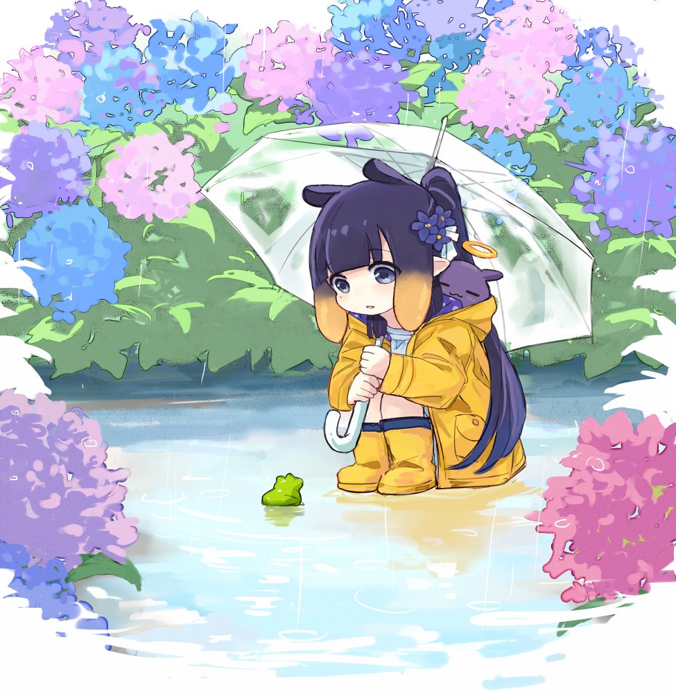 1girl :3 :o blue_flower blunt_bangs blush boots closed_eyes coat commentary dress flower frog gradient_hair hair_flower hair_ornament hair_ribbon halo high_ponytail holding holding_umbrella hololive hololive_english hood hood_basket hood_down hooded_coat hydrangea long_hair long_sleeves looking_down mole mole_under_eye multicolored_hair ninomae_ina'nis official_alternate_costume open_clothes open_coat open_mouth orange_hair pink_flower pocket pointy_ears ponytail puddle purple_flower purple_hair rain raincoat ribbon rubber_boots sidelocks smile solo squatting takodachi_(ninomae_ina'nis) tentacle_hair transparent transparent_umbrella umbrella very_long_hair violet_(flower) violet_(ninomae_ina'nis) violet_eyes virtual_youtuber water white_dress white_ribbon yellow_coat yellow_footwear yellow_raincoat yuuyu_(777)