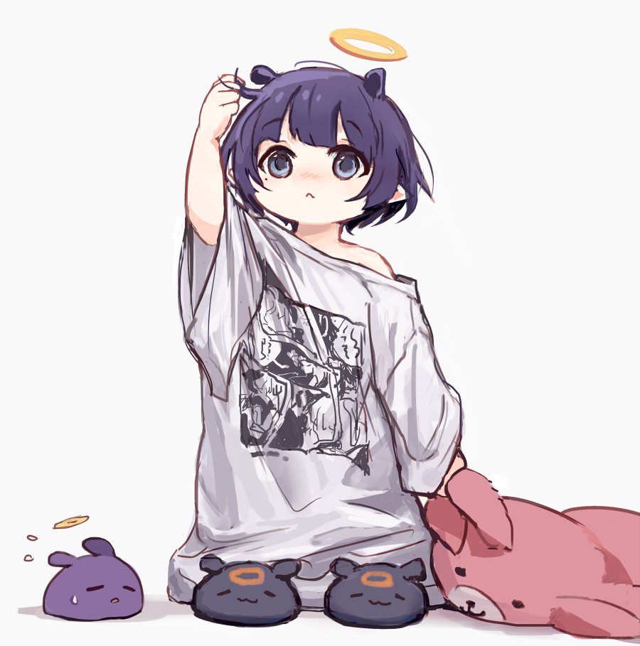 1girl :&lt; :o aged_down arm_up black_footwear blunt_bangs blush child closed_mouth commentary flying_sweatdrops hair_between_eyes halo holding holding_stuffed_toy hololive hololive_english looking_at_viewer mole mole_under_eye ninomae_ina'nis ninomae_ina'nis_(5th_costume) official_alternate_costume open_mouth oversized_clothes oversized_shirt pointy_ears print_shirt purple_hair shirt short_hair short_sleeves sidelocks simple_background slippers solo standing stuffed_animal stuffed_toy sweatdrop symbol-only_commentary t-shirt takodachi_(ninomae_ina'nis) teddy_bear violet_eyes virtual_youtuber white_background white_shirt yuuyu_(777)