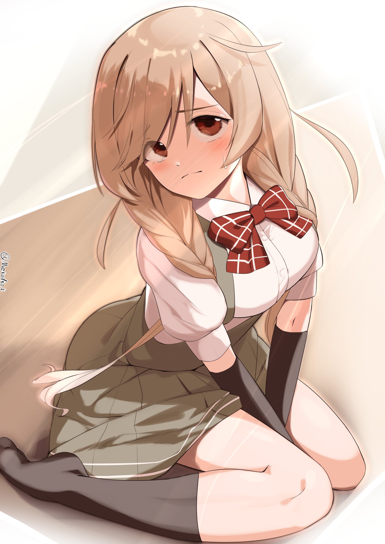 1girl arm_warmers blush bow bowtie braid breasts brown_eyes cloud_hair_ornament grey_skirt highres kantai_collection large_breasts light_brown_hair long_hair looking_at_viewer low_twin_braids metadio minegumo_(kancolle) pleated_skirt red_bow red_bowtie red_eyes shirt sitting skirt solo suspender_skirt suspenders twin_braids wariza white_shirt wooden_floor