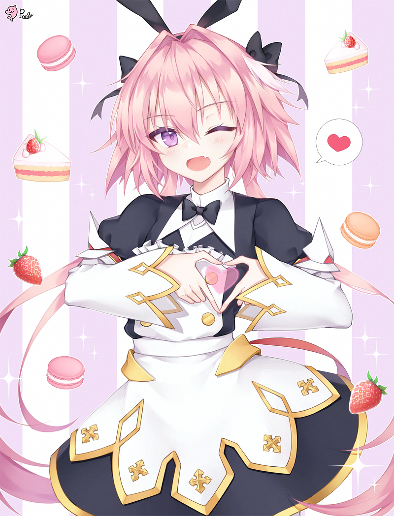 1boy animal_ears artist_logo astolfo_(fate) astolfo_(saber)_(fate) black_bow black_bowtie black_gloves black_thighhighs bow bowtie cake cake_slice fake_animal_ears fang fate/grand_order fate_(series) food fruit gloves hair_bow hair_intakes heart heart_hands light_blush long_hair low_twintails macaron maid multicolored_hair otoko_no_ko pink_hair pong_(vndn124) rabbit_ears simple_background skin_fang solo sparkle spoken_heart strawberry strawberry_cake streaked_hair striped_background thigh-highs twintails very_long_hair violet_eyes white_hair wing_collar