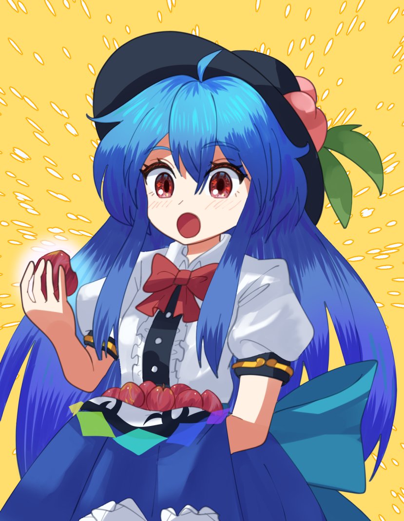 1girl ahoge animal_on_head black_headwear blue_hair blue_skirt bow bowtie commentary_request food fruit hinanawi_tenshi holding holding_food holding_fruit long_hair on_head peach_hat_ornament plum plus2sf red_bow red_bowtie red_eyes shirt skirt skirt_basket skirt_hold touhou very_long_hair white_shirt