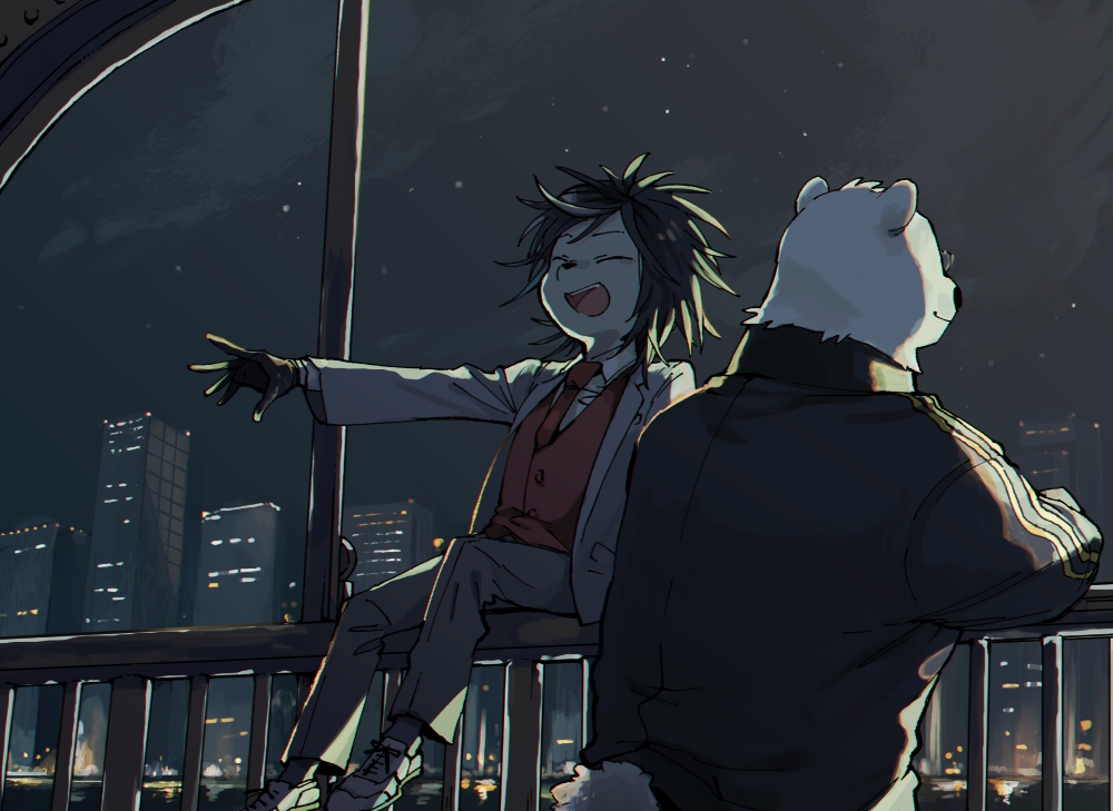 2boys against_railing animal_ears backlighting bear_boy bear_ears black_gloves black_hair black_jacket building cityscape closed_eyes collared_shirt commentary_request facing_viewer full_body furry furry_male gloves grey_jacket grey_pants grey_suit happy jacket long_sleeves male_focus moriazecha multiple_boys necktie night night_sky odd_taxi on_railing open_mouth outdoors outstretched_arm pants railing red_necktie red_vest sekiguchi_(odd_taxi) shirt short_hair sitting sky skyscraper smile standing star_(sky) starry_sky suit sunglasses vest yano_(odd_taxi)
