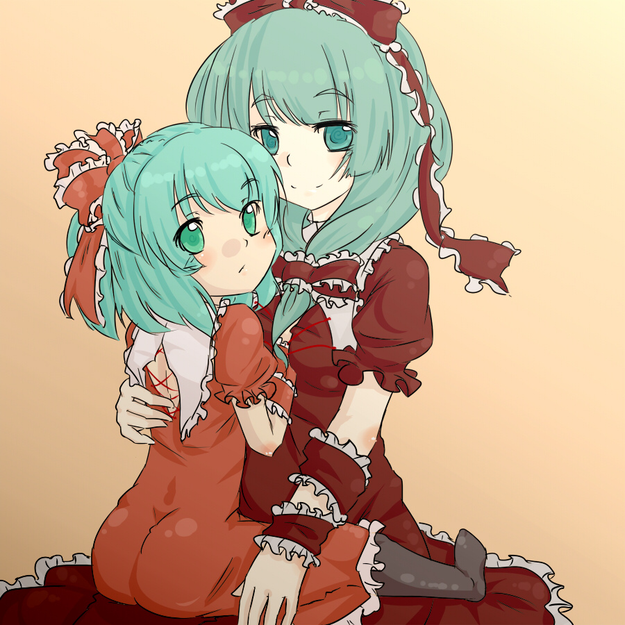 2girls aqua_hair arm_ribbon child dual_persona frills front_ponytail green_eyes green_hair hair_ribbon hakano_shinshi hug kagiyama_hina multiple_girls no_shoes pantyhose ribbon sitting sitting_on_lap sitting_on_person smile socks symbol-shaped_pupils time_paradox touhou young