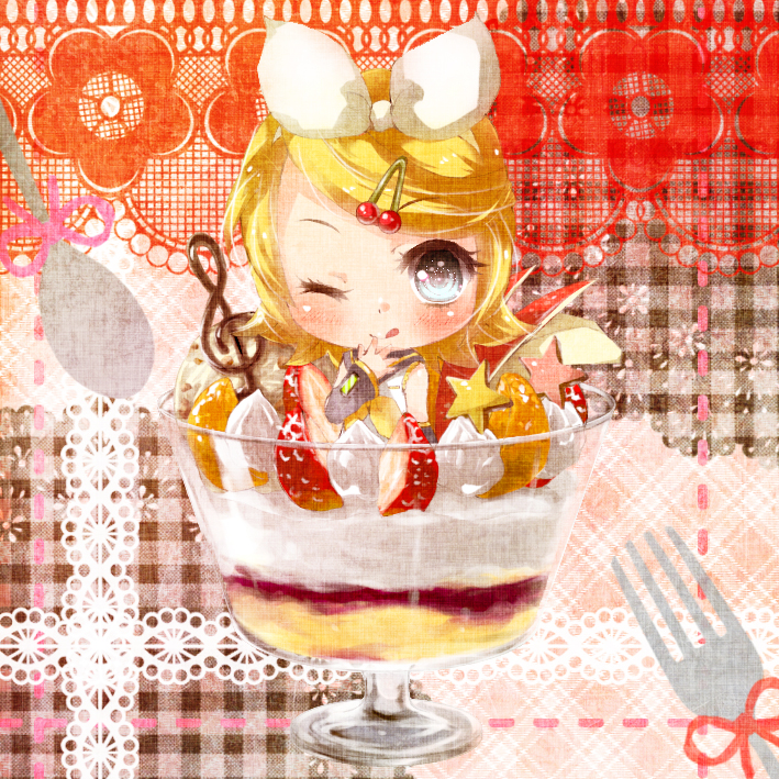chibi cup food fork girl_in_a_cup girl_in_food hair_ornament hairpin in_container in_cup in_food kagamine_rin minigirl parfait spoon tongue tottsuan vocaloid wink
