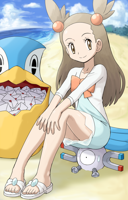 1girl brown_eyes brown_hair envelope feet hair_ornament long_hair magnemite mikan_(pokemon) pelipper pokemoa pokemon pokemon_(creature) pokemon_(game) pokemon_gsc pokemon_heartgold_and_soulsilver sandals sitting smile sweatdrop water