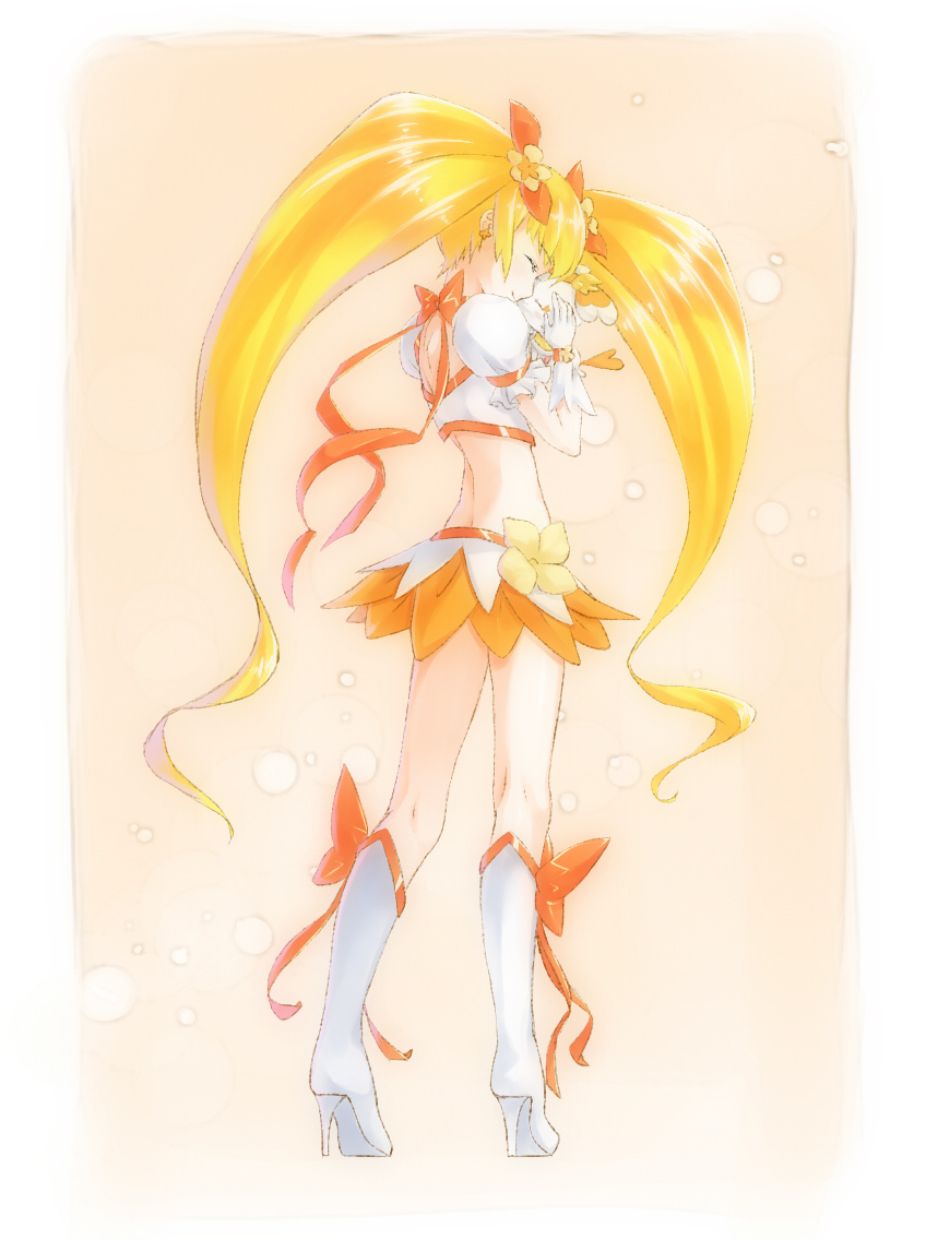 bad_id blonde_hair boots closed_eyes cure_sunshine futari_wa_precure hair_ribbon heartcatch_precure! keito_(kazamatuli) legs magical_girl midriff myoudouin_itsuki orange_(color) orange_background orange_dress potpourri_(heartcatch_precure!) potpurri precure ribbon senoo_aoi skirt smile wrist_cuffs