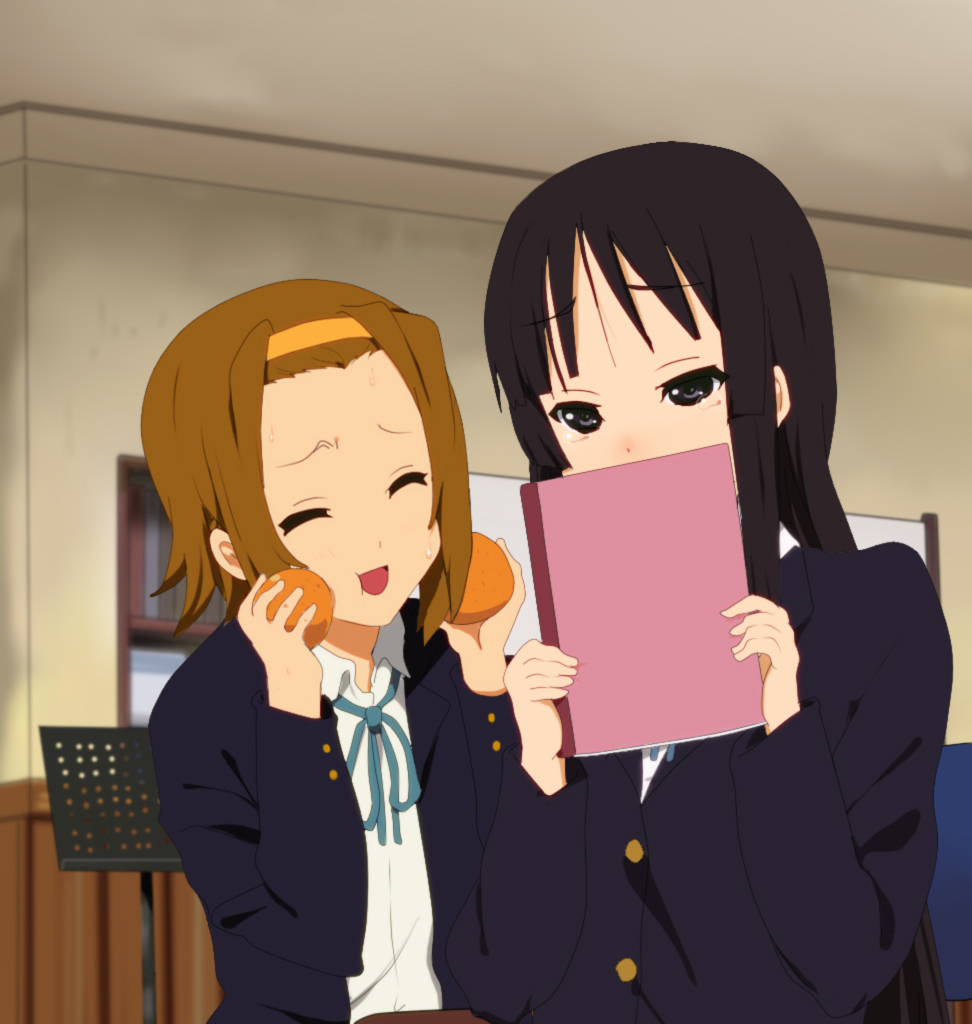 2girls akiyama_mio black_eyes black_hair blazer book brown_hair closed_eyes covering covering_face covering_mouth food fruit hairband k-on! long_hair multiple_girls music_stand orange ore_deshita ribbon school_uniform short_hair smile sweat tainaka_ritsu tears