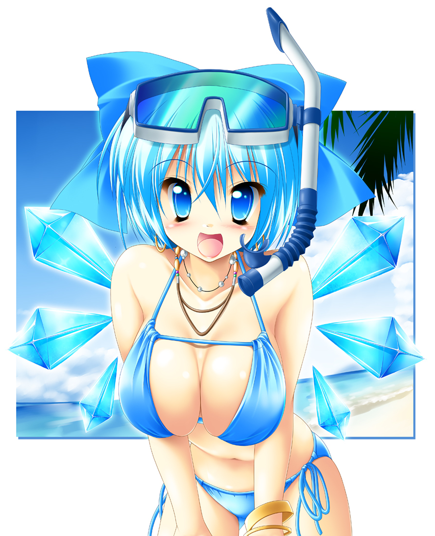 adult bikini blue_eyes blue_hair bow bracelet breasts cirno cleavage goggles goggles_on_head hair_bow jewelry kamiya_tomoe large_breasts leaning_forward necklace open_mouth ribbon side-tie_bikini skindentation snorkel solo string_bikini swimsuit touhou wings