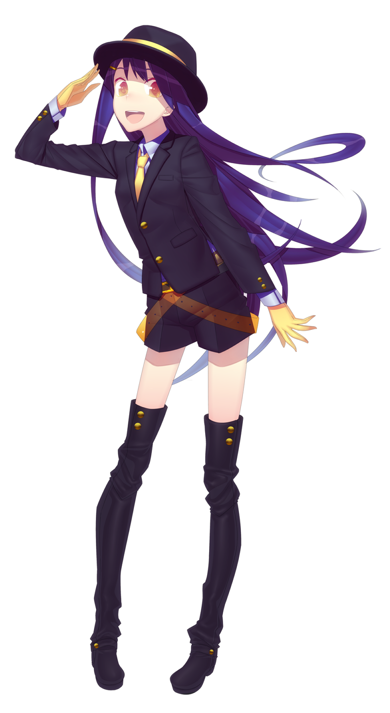 belt blazer boots fedora hair_ornament hairclip hairpin hat highres long_hair looking_at_viewer mckeee necktie open_mouth orange_eyes original pigeon-toed purple_hair salute simple_background smile solo thigh_boots thighhighs yellow_eyes