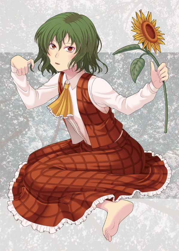 barefoot flower green_hair holding holding_flower kazami_yuuka onoga_yue plaid plaid_skirt plaid_vest red_eyes short_hair sitting skirt skirt_set solo sunflower touhou wariza