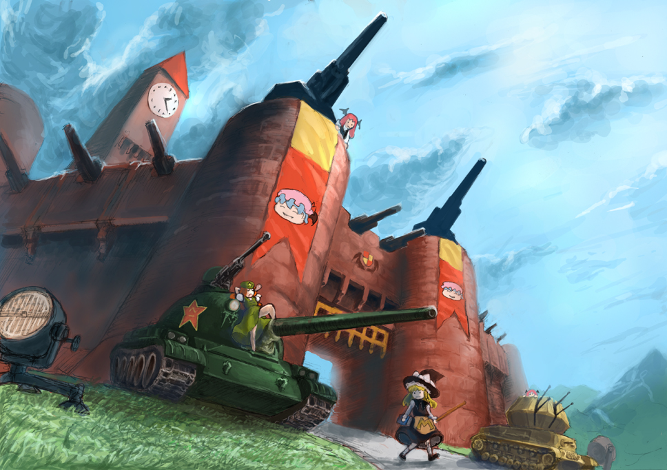 banner cannon castle caterpillar_tracks clock clock_tower dual_persona enajii hong_meiling kirisame_marisa koakuma military military_vehicle remilia_scarlet scarlet_devil_mansion sleeping tank touhou tower vehicle yukkuri_shiteitte_ne