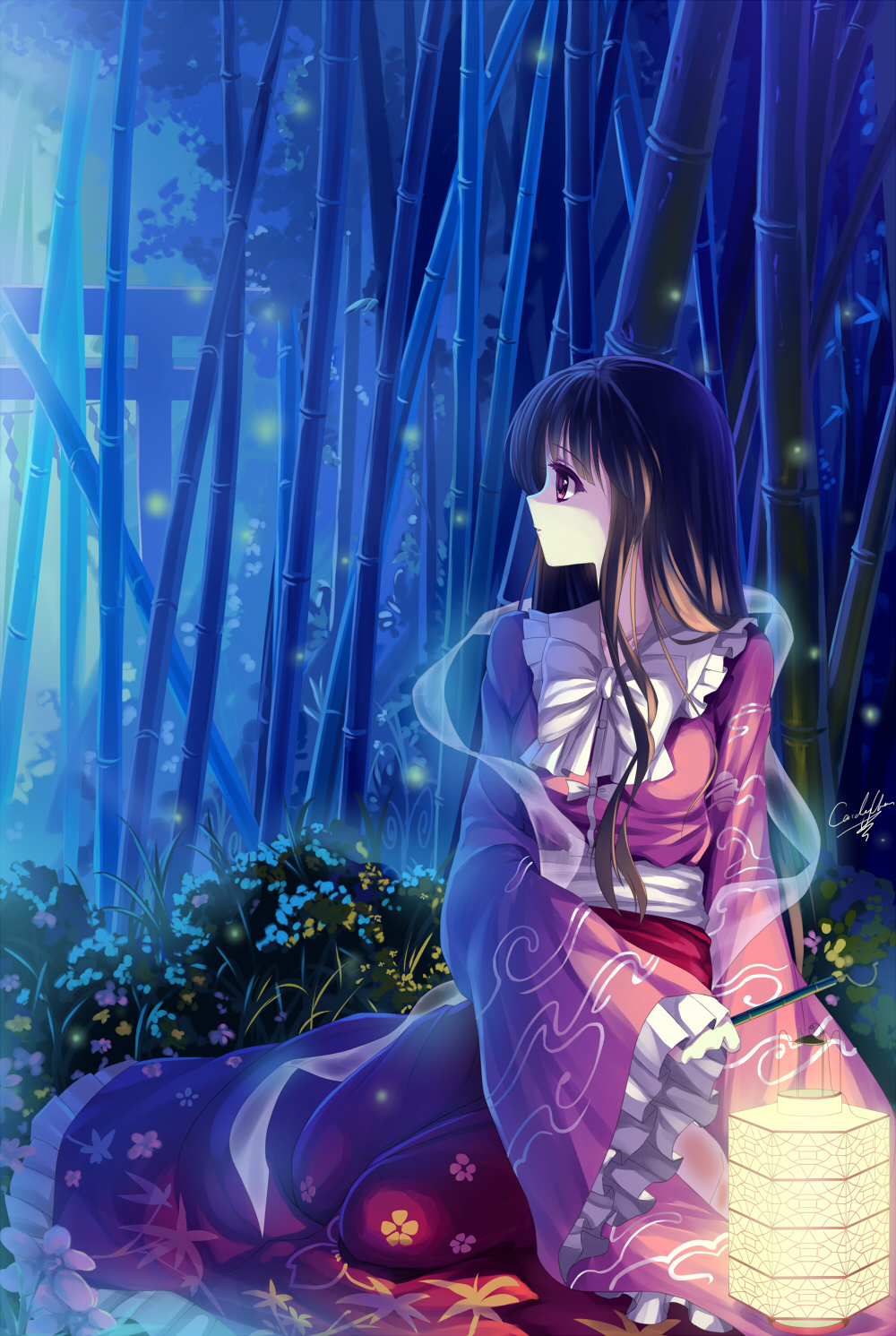 1girl bamboo_forest black_hair caidychen fireflies flower forest highres houraisan_kaguya japanese_clothes lantern long_hair nature night paper_lantern purple_eyes red_eyes shide signature sitting solo torii touhou wide_sleeves