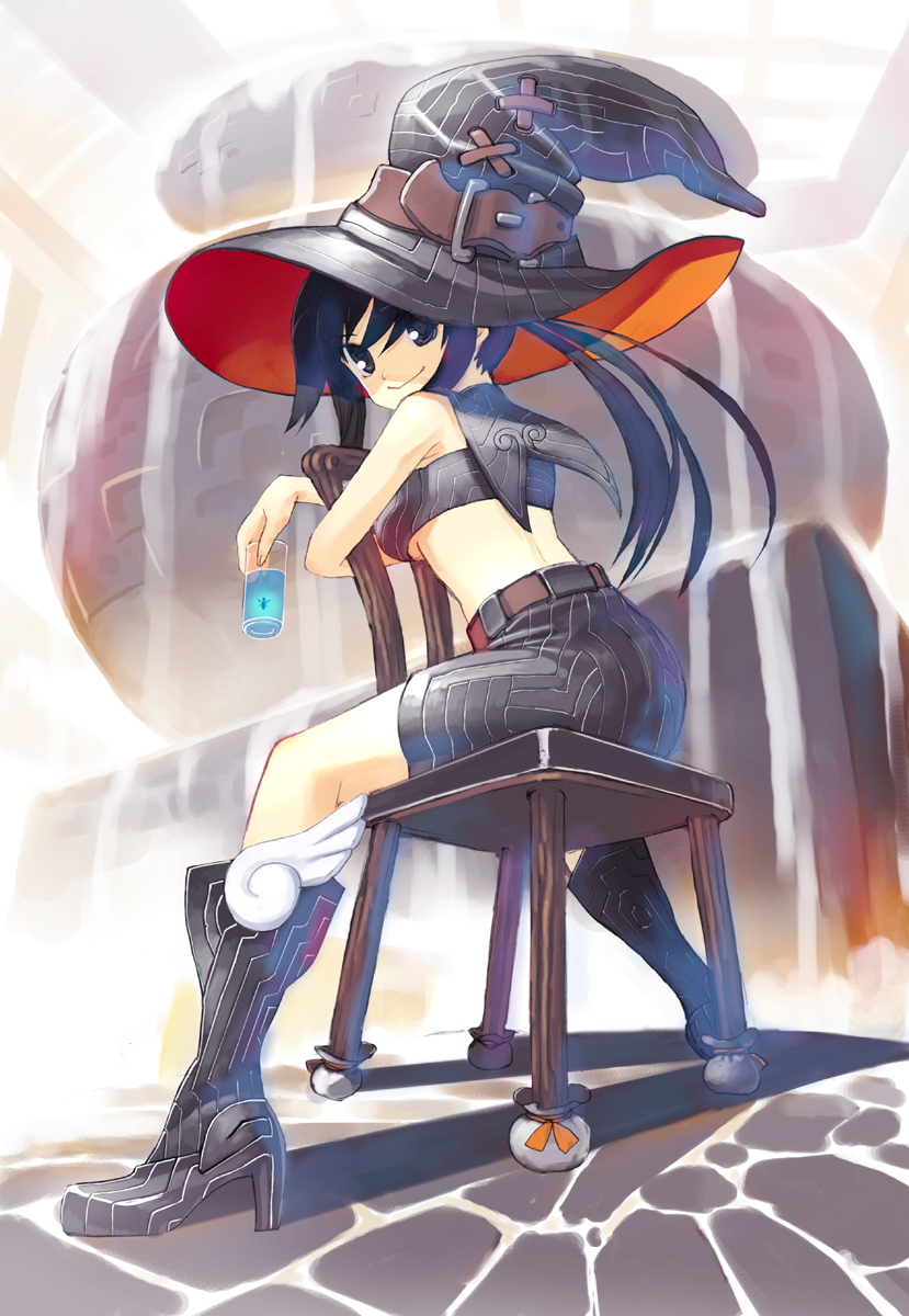 black_hair boots chair glass hat highres hirokiku long_hair original sitting sitting_backwards skirt smile solo twintails witch_hat