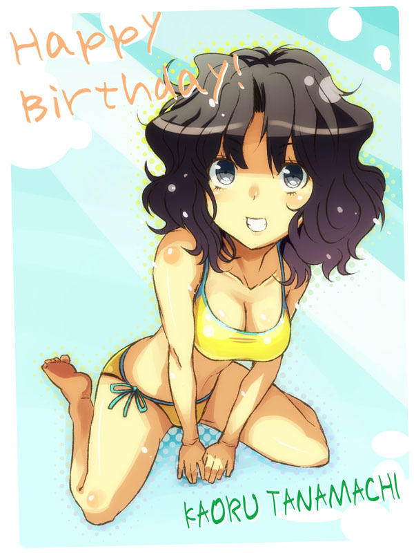 1girl amagami barefoot birthday breasts cleavage foreshortening grin perspective smile solo swimsuit tamago tanamachi_kaoru