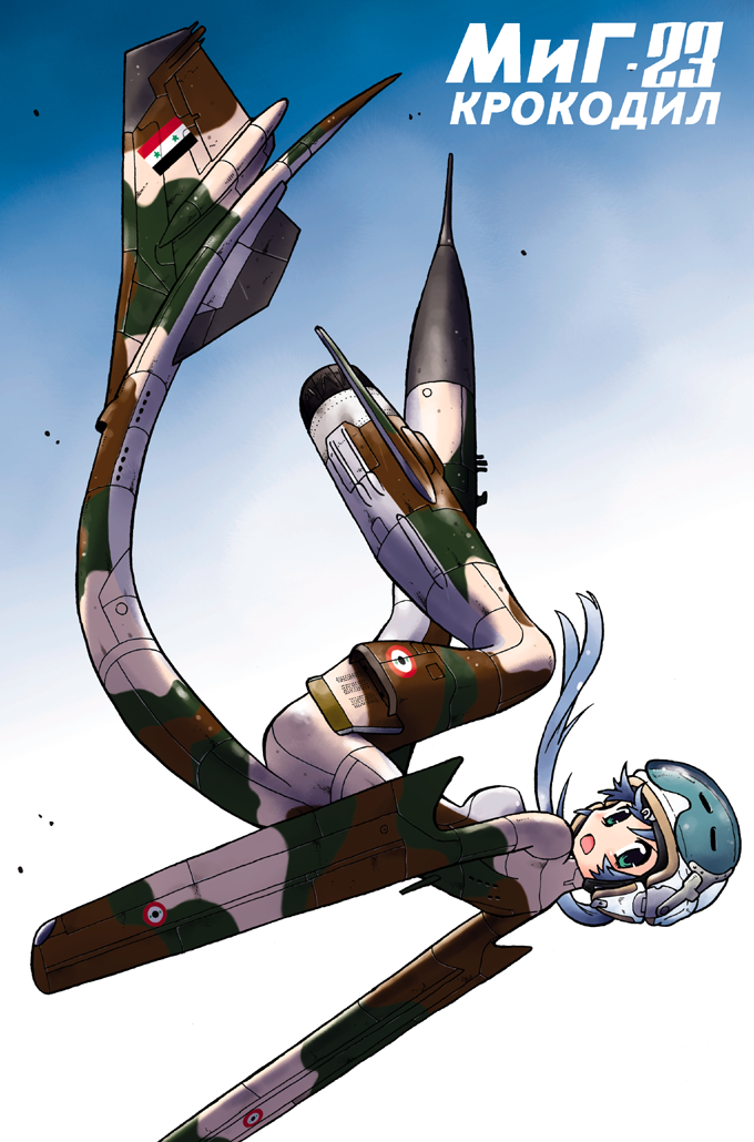 blue_hair flying hayami_rasenjin helmet jet long_hair looking_back mecha_musume mig-23 military original russian sky syria tail upside-down