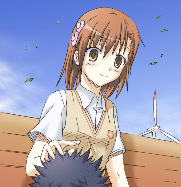 brown_hair hair_ornament hairpin kamijou_touma kotaken misaka_mikoto school_uniform to_aru_kagaku_no_railgun to_aru_majutsu_no_index uniform wind_turbine windmill