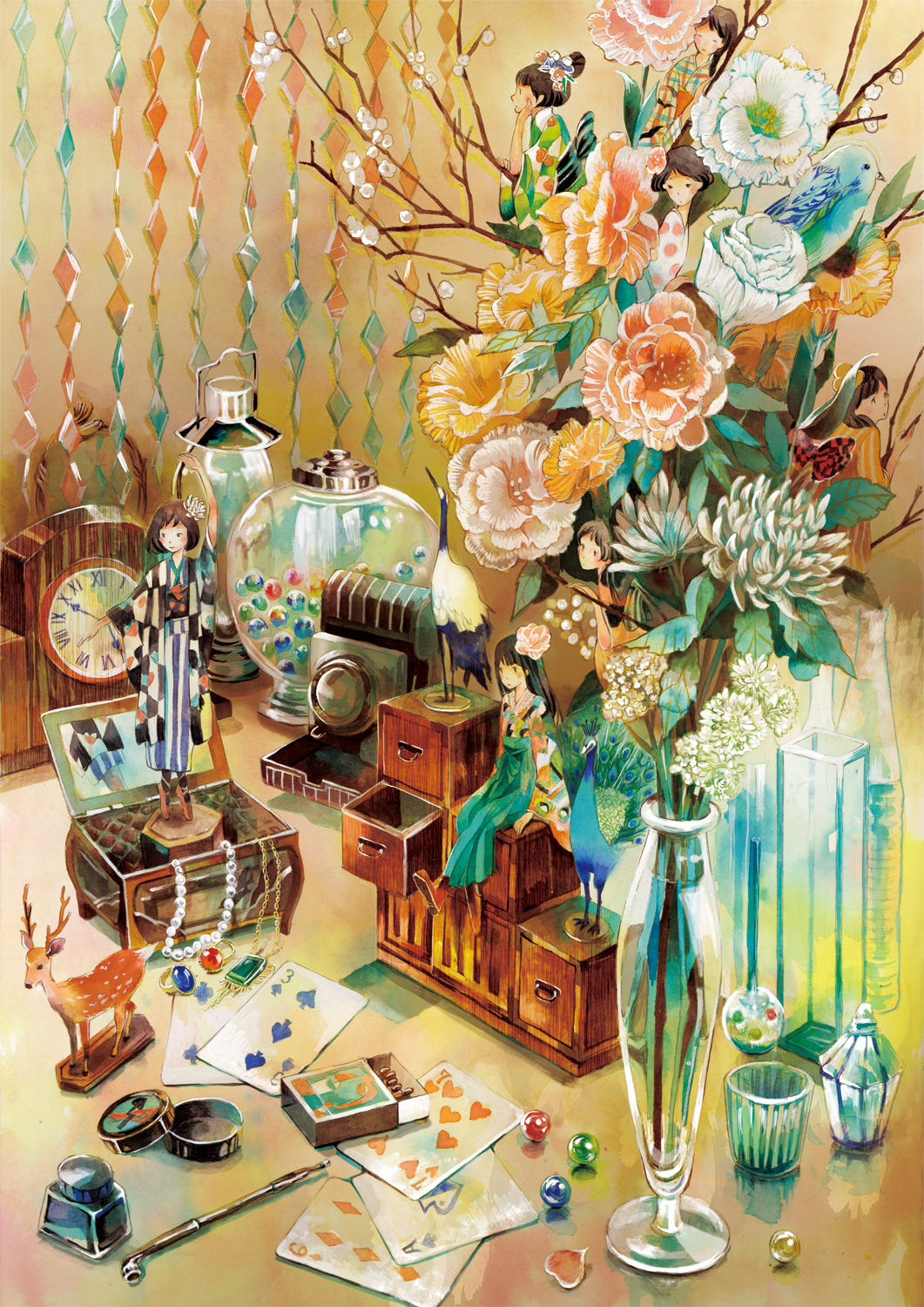 card cards clock crane_(animal) deer flower glass hair_flower hair_ornament highres japanese_clothes jewelry kimono lantern lying_card matches miyabe_sachi multiple_girls original peacock pearl_necklace ring