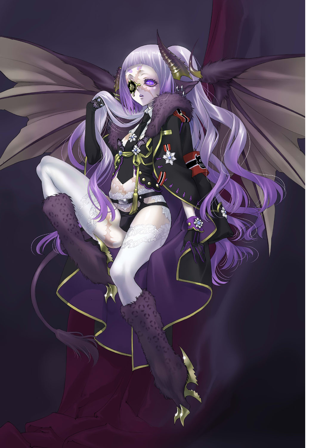 androgynous armband bat_wings bulge demon_boy elbow_gloves eyepatch gloves highres horns kiyo_(nbs199) long_hair male military military_uniform monster_boy monster_girl original pointy_ears purple_eyes purple_hair scar solo trap uniform violet_eyes wings