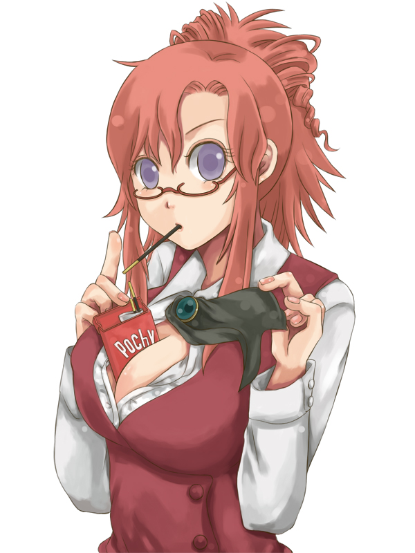 between_breasts breasts cleavage cord-yoshikazu kazami_mizuho mouth_hold onegai_teacher pocky purple_eyes red_hair redhead simple_background solo teacher violet_eyes