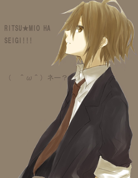 alternate_hairstyle androgynous blazer brown_eyes brown_hair formal gogono_pan'ya gogono_panya hair_down k-on! necktie no_thank_you no_thank_you! pant_suit reverse_trap school_uniform shirt short_hair sleeves_rolled_up solo suit tainaka_ritsu translated