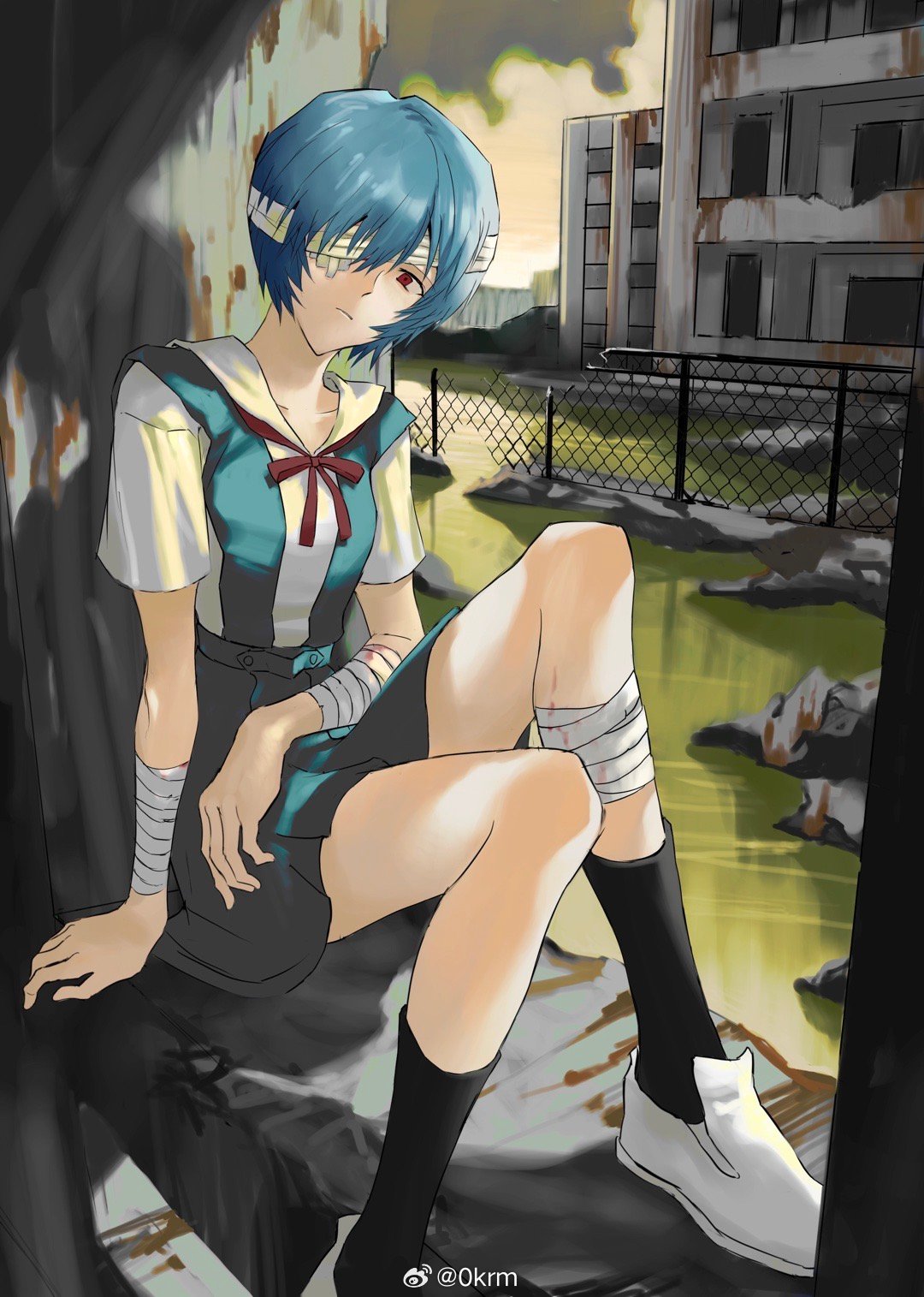 1girl arm_support ayanami_rei bandaged_arm bandaged_head bandaged_leg bandages black_socks blue_dress breasts closed_mouth collarbone dress eyepatch fence green_sky head_tilt highres kneehighs knees_up looking_at_viewer neck_ribbon neon_genesis_evangelion outdoors red_eyes red_ribbon reflection reflective_water ribbon ruins rust satoukrm shirt shoes short_hair short_sleeves sitting small_breasts socks solo weibo_logo weibo_username white_footwear white_shirt