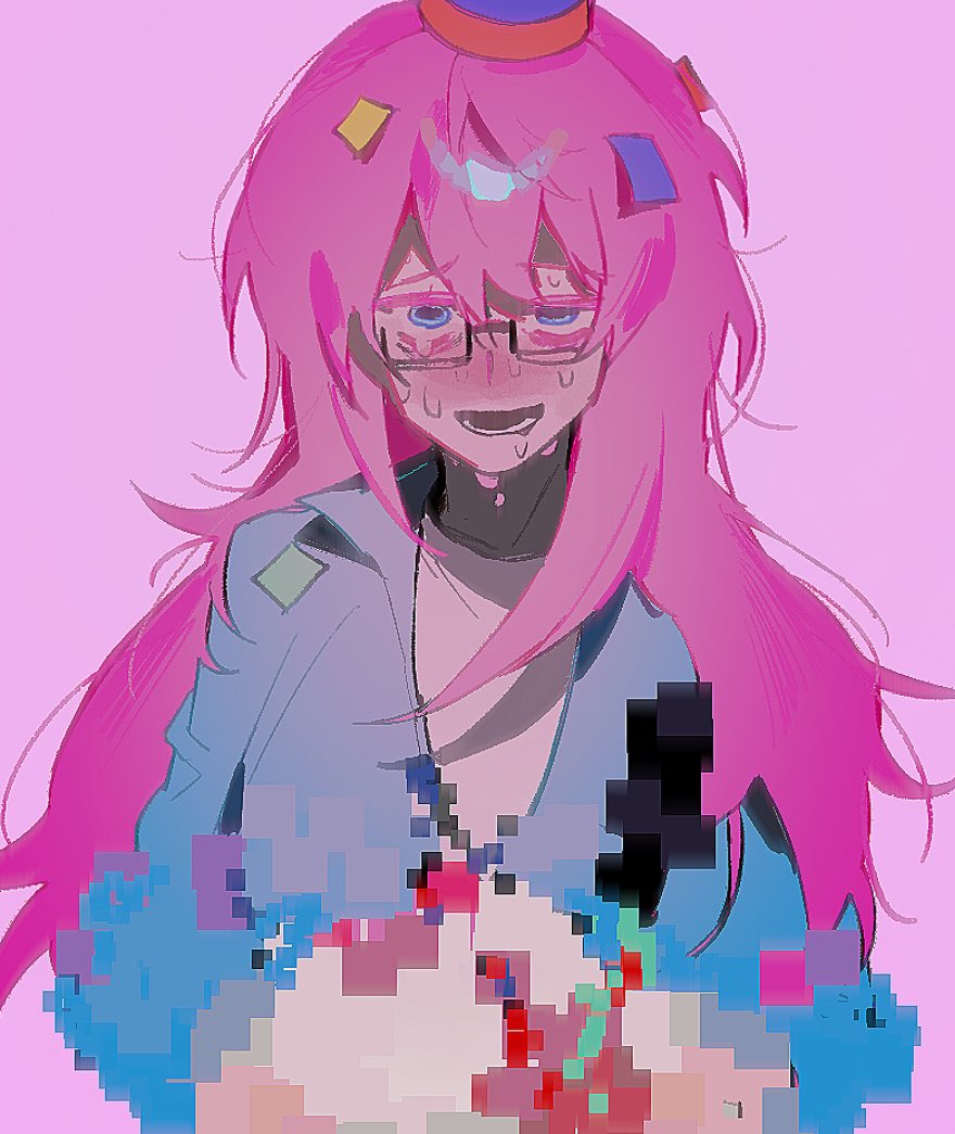 1girl blue_eyes blue_headwear blue_jacket censored collared_jacket colored_eyelashes colored_skin confetti glasses hair_between_eyes hands_up hat jacket korean_commentary long_hair long_sleeves looking_at_viewer mosaic_censoring no_sclera open_mouth original party_hat pink_background pink_hair pink_skin pixelated red_headwear sasi_mozzi1 semi-rimless_eyewear simple_background solo striped_clothes striped_headwear sweat uneven_eyes upper_body