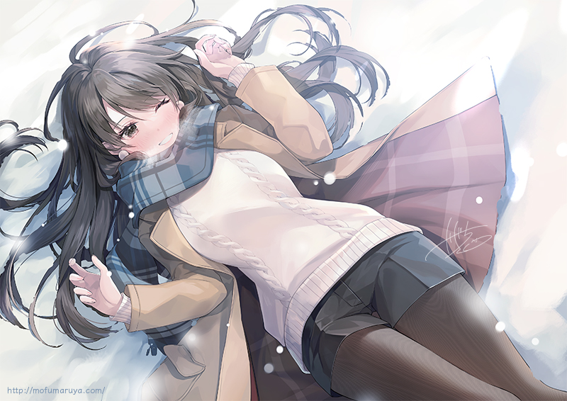 1girl :d ahoge black_pantyhose black_shorts blue_scarf blush brown_coat brown_eyes brown_hair cable_knit coat commentary earrings from_above grin hair_spread_out hands_up jewelry kagachi_saku legs_together long_hair long_sleeves looking_up lying nose_blush on_back one_eye_closed open_clothes open_coat open_hands original pantyhose pantyhose_under_shorts plaid plaid_scarf pom_pom_(clothes) pom_pom_earrings purple_coat scarf short_shorts shorts signature smile solo sweater symbol-only_commentary teeth thighs two-sided_coat two-sided_fabric watermark white_sweater