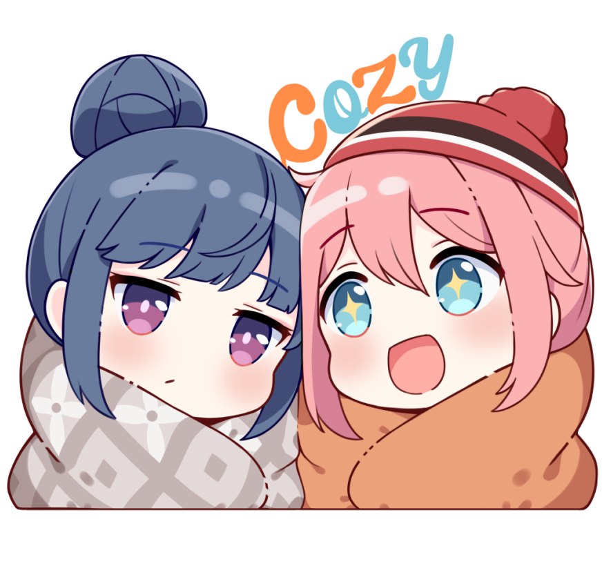 +_+ 2girls :d beanie blue_eyes blue_hair blush closed_mouth commentary cropped_torso english_text hair_bun hat hitsukuya kagamihara_nadeshiko multiple_girls pink_hair red_headwear shima_rin sidelocks simple_background smile symbol-only_commentary upper_body violet_eyes white_background yurucamp