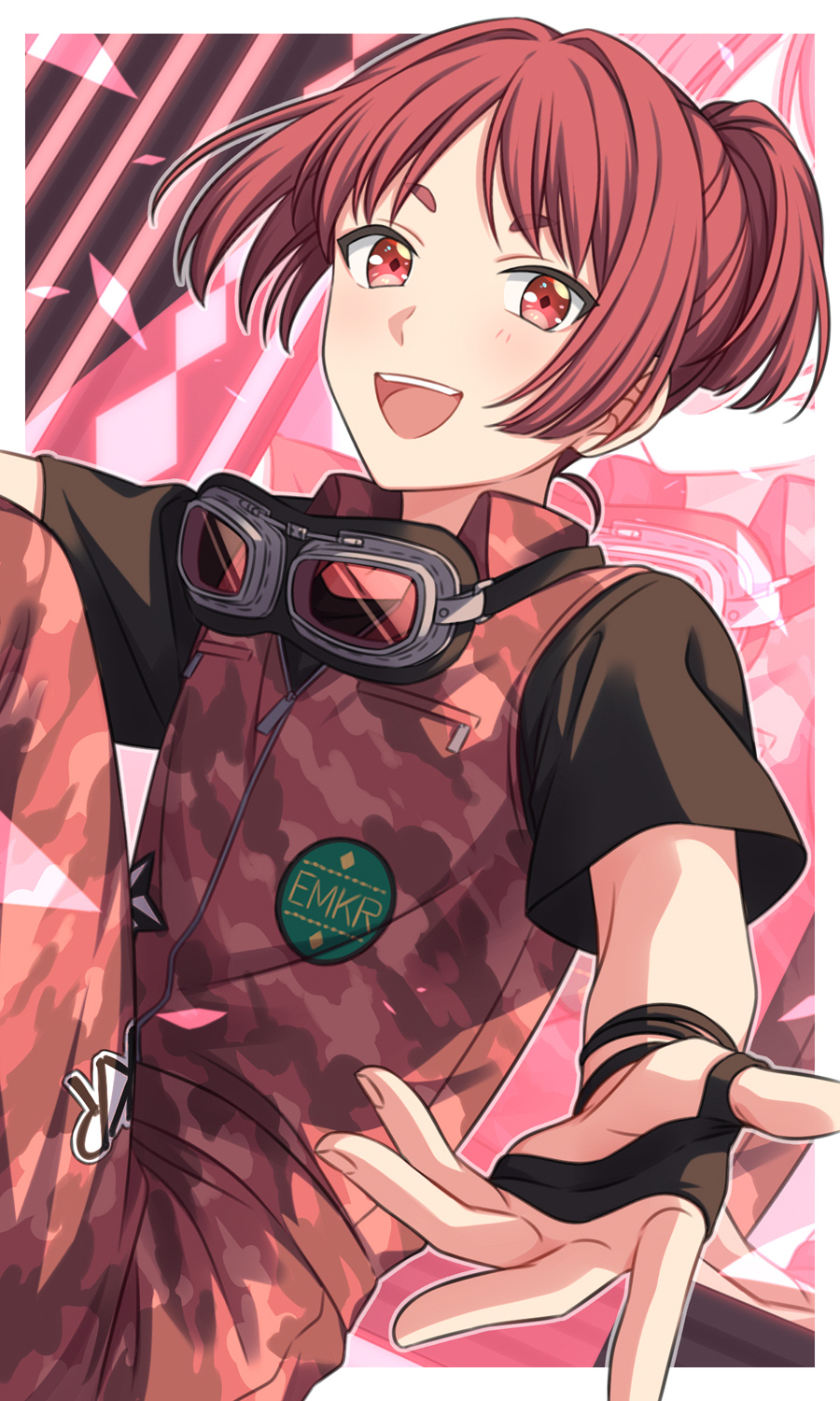 1boy black_gloves black_shirt border bracelet camouflage commentary_request cowboy_shot gloves goggles goggles_around_neck half_gloves highres jewelry jumpsuit knee_up looking_at_viewer male_focus multicolored_background on_air! onoya_azuki open_mouth red_background red_eyes red_jumpsuit redhead sekina shirt short_hair short_ponytail short_sleeves smile solo
