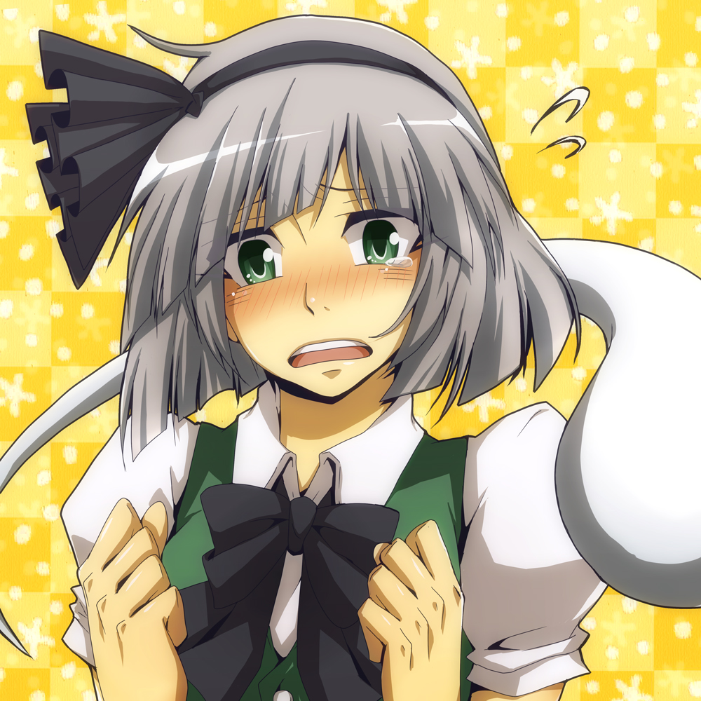 1girl black_bow black_bowtie black_hairband blush bow bow_hairband bowtie checkered_background collared_shirt commentary_request embarrassed flying_sweatdrops furrowed_brow green_eyes green_vest grey_hair hairband hands_up konpaku_youmu konpaku_youmu_(ghost) medium_hair nitoni open_mouth puffy_sleeves shirt short_sleeves solo tears teeth touhou upper_body upper_teeth_only vest white_shirt yellow_background