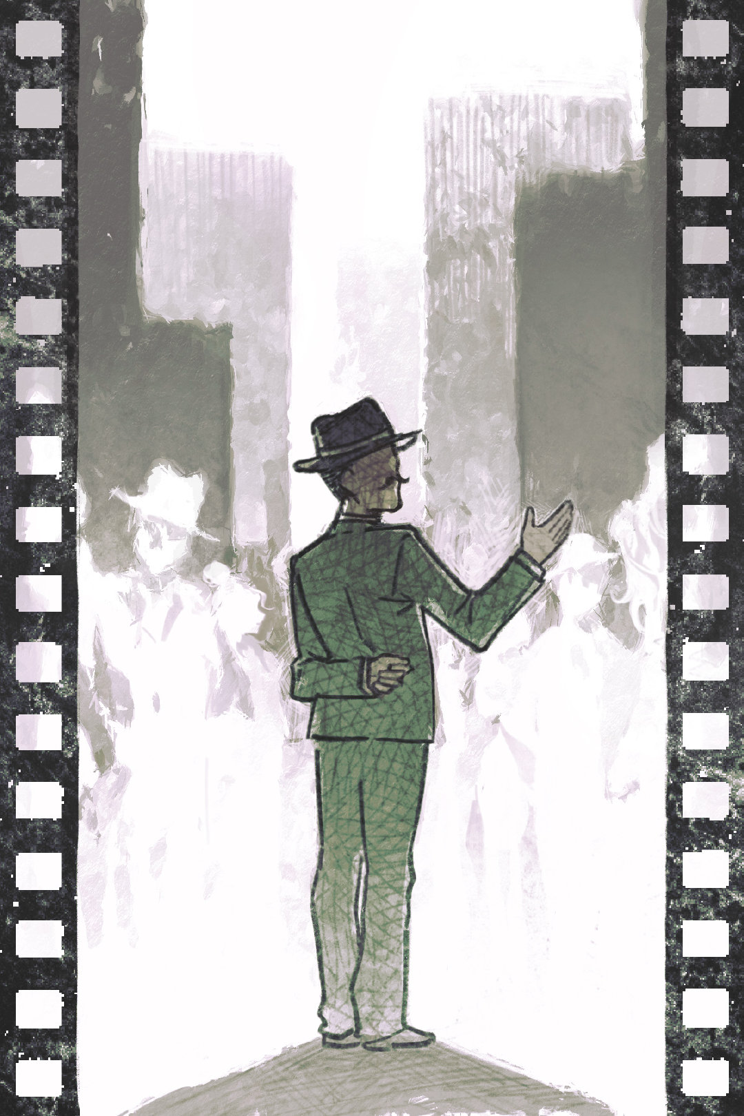 1boy arm_behind_back black_headwear facial_hair fedora fiennes_(reverse:1999) film_border film_strip from_behind green_jacket green_pants green_suit hand_up hat highres jacket looking_back male_focus mustache no_eyes official_art pants people reverse:1999 solo suit turning_head