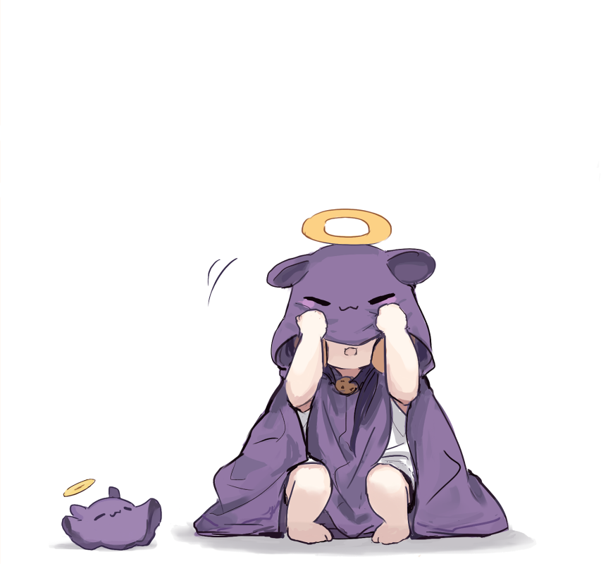1girl :3 aged_down barefoot character_hood child chocolate_chip_cookie cloak closed_eyes closed_mouth commentary cookie cosplay food gradient_hair halo hands_up hololive hololive_english hood hood_over_eyes hood_up hooded_cloak long_hair multicolored_hair ninomae_ina'nis open_mouth orange_hair purple_cloak purple_hair shirt sidelocks smile solo squatting takodachi_(ninomae_ina'nis) takodachi_(ninomae_ina'nis)_(cosplay) tentacle_hair virtual_youtuber white_shirt yuuyu_(777)