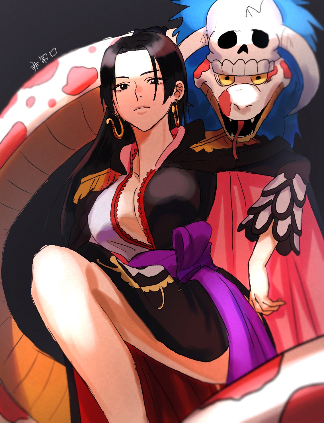 1girl black_eyes black_hair boa_hancock commentary dress earrings epaulettes feichangkou frilled_sleeves frills hand_on_own_hip highres hime_cut jewelry leg_up looking_at_viewer one_piece one_piece:_stampede purple_sash salome_(one_piece) sash simple_background skeleton smile snake snake_earrings