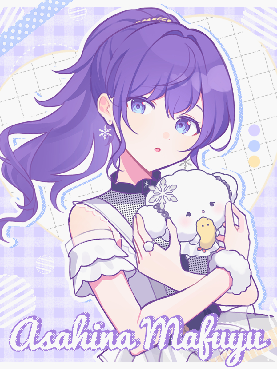 1girl :o animal arm_cuffs asahina_mafuyu character_name cogimyun color_guide commentary crossed_arms dress drop_shadow earrings food fur_cuffs grey_dress grid_background highres holding holding_animal jewelry letterboxed looking_at_viewer plaid plaid_background ponytail project_sekai purple_background purple_hair sanrio shrimp shrimp_tempura sleeveless sleeveless_dress snowflake_earrings tempura upper_body violet_eyes waka_(wk4444)