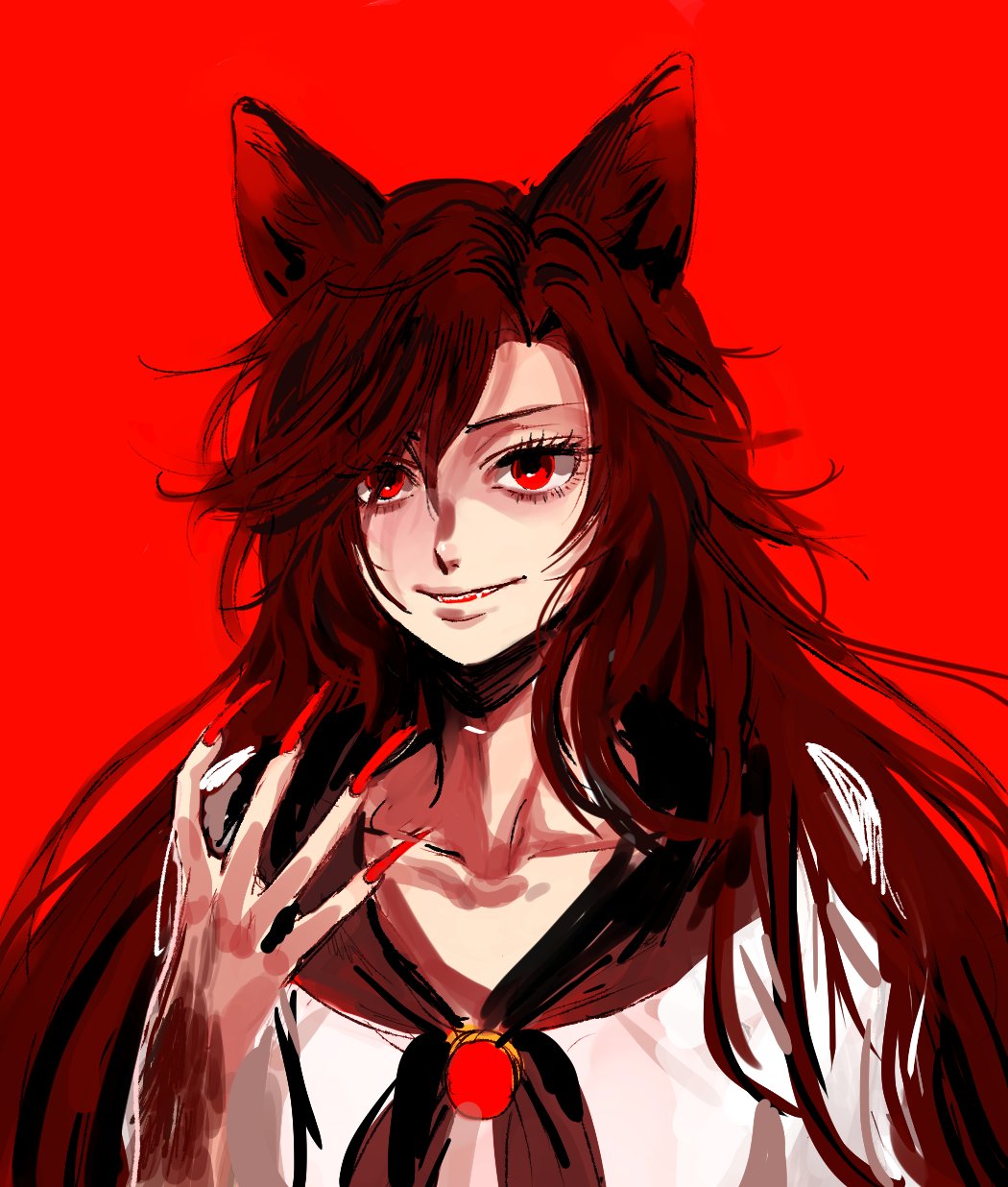 1girl animal_ears brooch brown_fur brown_hair collarbone fingernails hand_up highres imaizumi_kagerou jewelry kuya_(hey36253625) long_hair messy_hair red_background red_brooch red_eyes red_nails sharp_fingernails smile solo teeth touhou wolf_ears wolf_girl