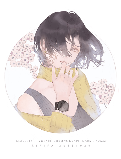1girl 2018 artist_name black_hair black_nails black_tank_top cherry_blossoms cigarette circle dated earrings english_text grey_eyes hair_over_one_eye hand_up holding holding_cigarette jacket jewelry looking_at_viewer original parted_lips ririfa short_hair simple_background single_bare_shoulder solo tank_top upper_body watch watch white_background yellow_jacket