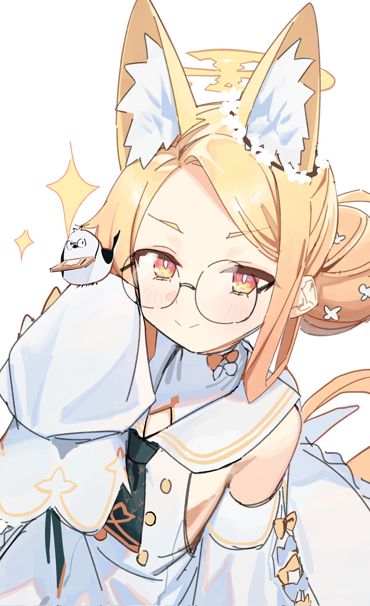 1girl animal_ear_fluff animal_ears bespectacled bird bird_on_hand blonde_hair blue_archive blush detached_sleeves dress flower glasses hair_flower hair_ornament halo highres looking_at_viewer round_eyewear sailor_collar sailor_dress seia_(blue_archive) simple_background sleeves_past_fingers sleeves_past_wrists smile solo sparkle syhan white_background white_dress white_flower white_sailor_collar