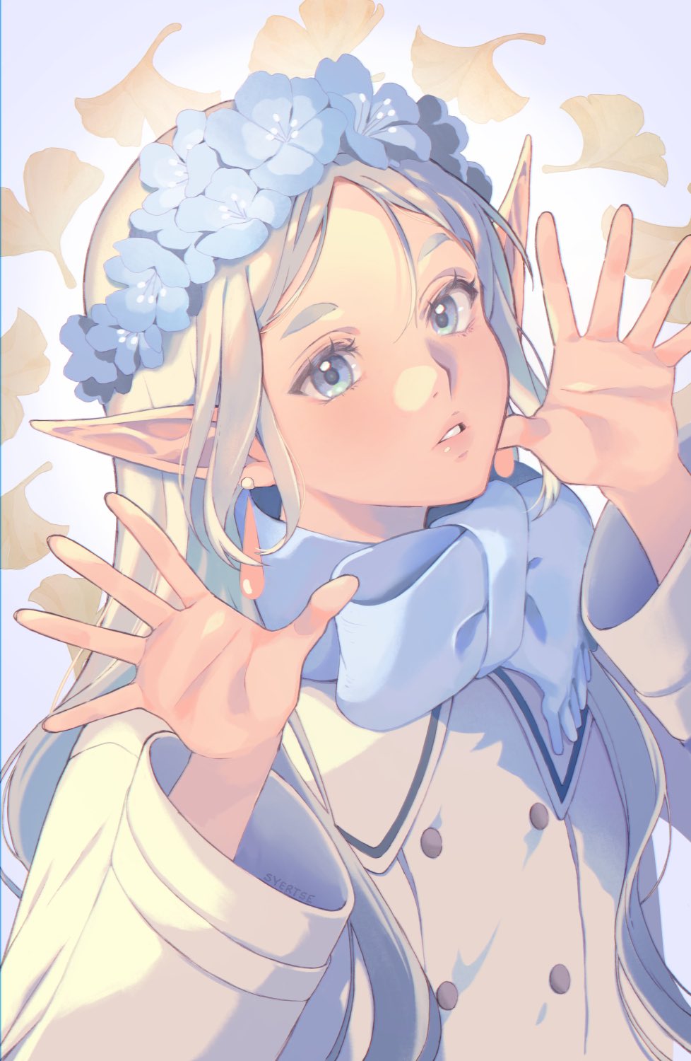 1girl alternate_eye_color blue_eyes blue_flower blue_scarf buttons coat commentary earrings elf english_commentary falling_leaves flower flower_wreath frieren ginkgo_leaf grey_hair hair_down hands_up head_wreath highres jewelry leaf long_hair long_pointy_ears long_sleeves looking_at_viewer nemophila_(flower) open_hands parted_bangs parted_lips pointy_ears scarf short_eyebrows solo sousou_no_frieren syertse teeth thick_eyebrows upper_body white_coat wide_sleeves winter_clothes winter_coat