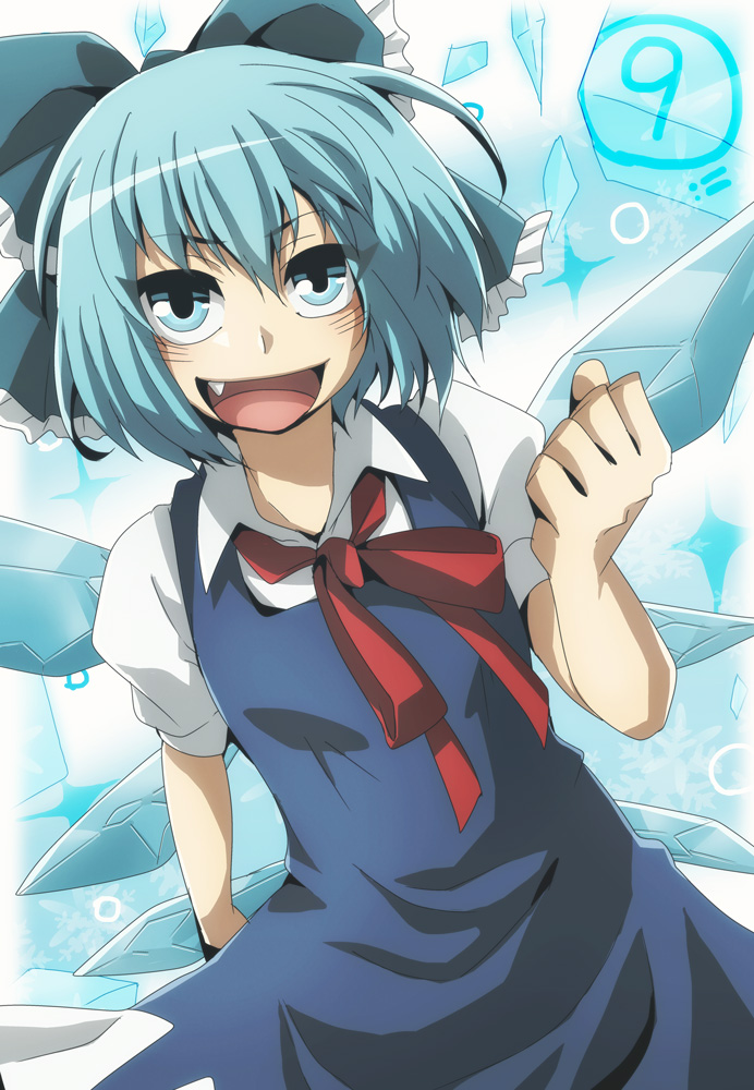 ! !! 1girl blue_bow blue_dress blue_eyes blue_hair bow circled_9 cirno cirno_day clenched_hand collared_shirt commentary cowboy_shot dress fang floating_hair frilled_bow frills hair_between_eyes hair_bow hand_up ice ice_wings looking_at_viewer neck_ribbon nitoni open_mouth pinafore_dress puffy_short_sleeves puffy_sleeves red_ribbon ribbon shirt short_hair short_sleeves sleeveless sleeveless_dress smile snowflake_background solo touhou white_shirt wings