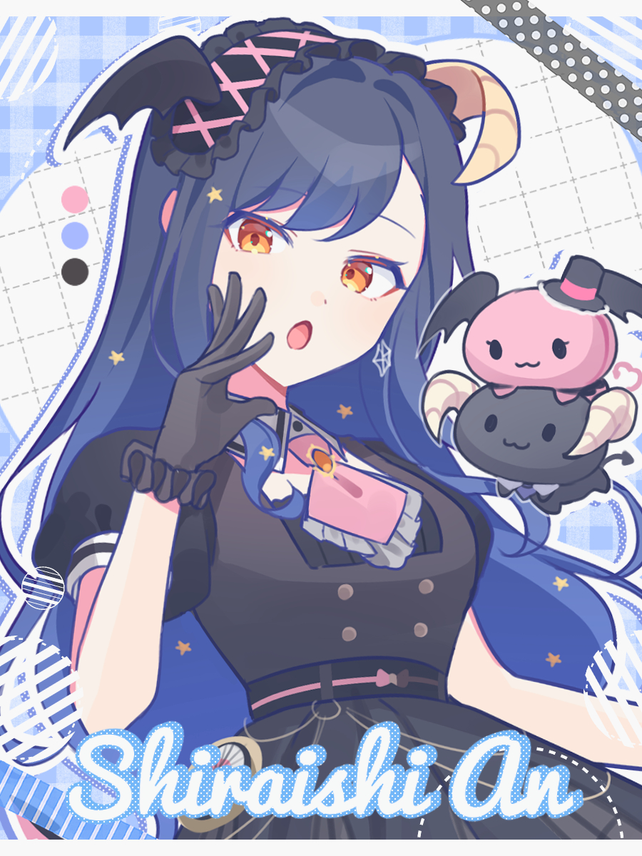 1girl :o berry_(sanrio) black_dress black_gloves black_headwear blue_background blue_hair breasts cherry_(sanrio) commentary dress drop_shadow gloves grid_background hat head_wings highres horns letterboxed long_hair looking_at_viewer medium_breasts necktie open_mouth pink_necktie plaid plaid_background project_sekai puffy_short_sleeves puffy_sleeves sanrio shiraishi_an short_sleeves single_horn single_wing top_hat upper_body waka_(wk4444) wings yellow_eyes