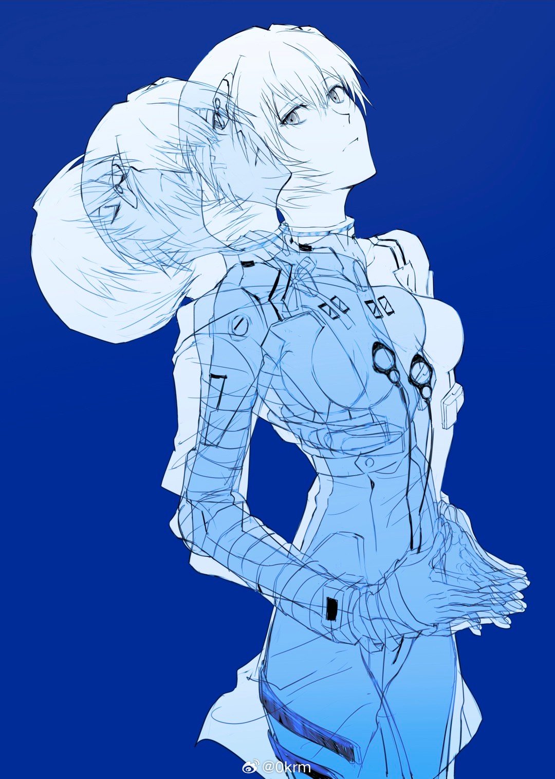 1girl ayanami_rei blue_background blue_theme breasts closed_eyes closed_mouth cowboy_shot facing_up hair_between_eyes headgear highres looking_at_viewer multiple_views neon_genesis_evangelion own_hands_together plugsuit satoukrm short_hair simple_background sketch small_breasts standing weibo_logo weibo_username