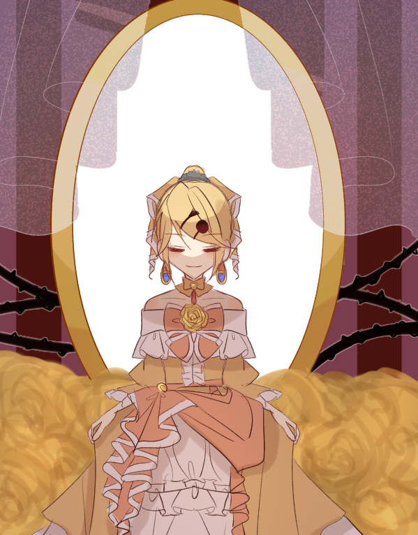 1girl aku_no_musume_(vocaloid) bare_shoulders blonde_hair bow brooch choker closed_eyes closed_mouth collarbone curtains dress dress_bow dress_flower dress_ribbon earrings evillious_nendaiki flower four_mirrors_of_lucifenia frilled_dress frilled_sleeves frills hair_bow hair_ornament hairclip high_ponytail jewelry kagamine_rin mirror off-shoulder_dress off_shoulder orange_bow pale_skin petticoat puge_(r_neko_12) riliane_lucifen_d'autriche rose skirt_hold smile solo swept_bangs thorns updo vocaloid wide_sleeves yellow_bow yellow_choker yellow_dress yellow_flower yellow_rose