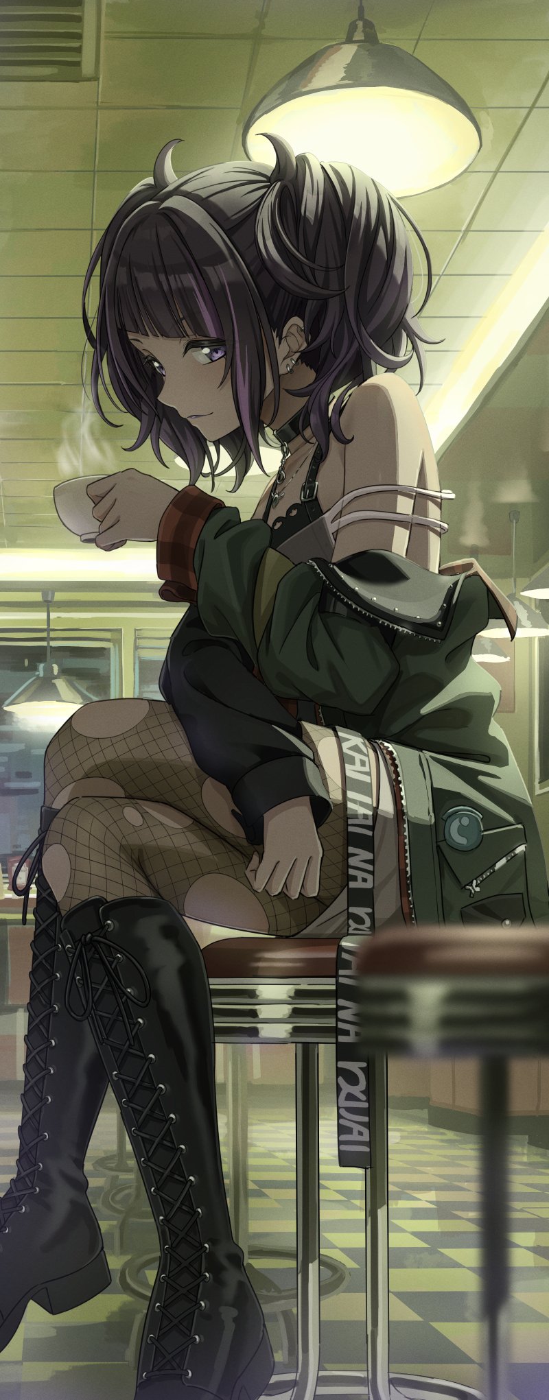 1girl black_hair boots breasts chair cup fishnet_pantyhose fishnets full_body high_heel_boots high_heels highres holding holding_cup idolmaster idolmaster_shiny_colors jacket knee_boots light looking_at_viewer multicolored_hair ntn00a open_clothes open_jacket pantyhose sidelocks sitting solo steam streaked_hair tanaka_mamimi teacup thigh_boots tiles twintails window
