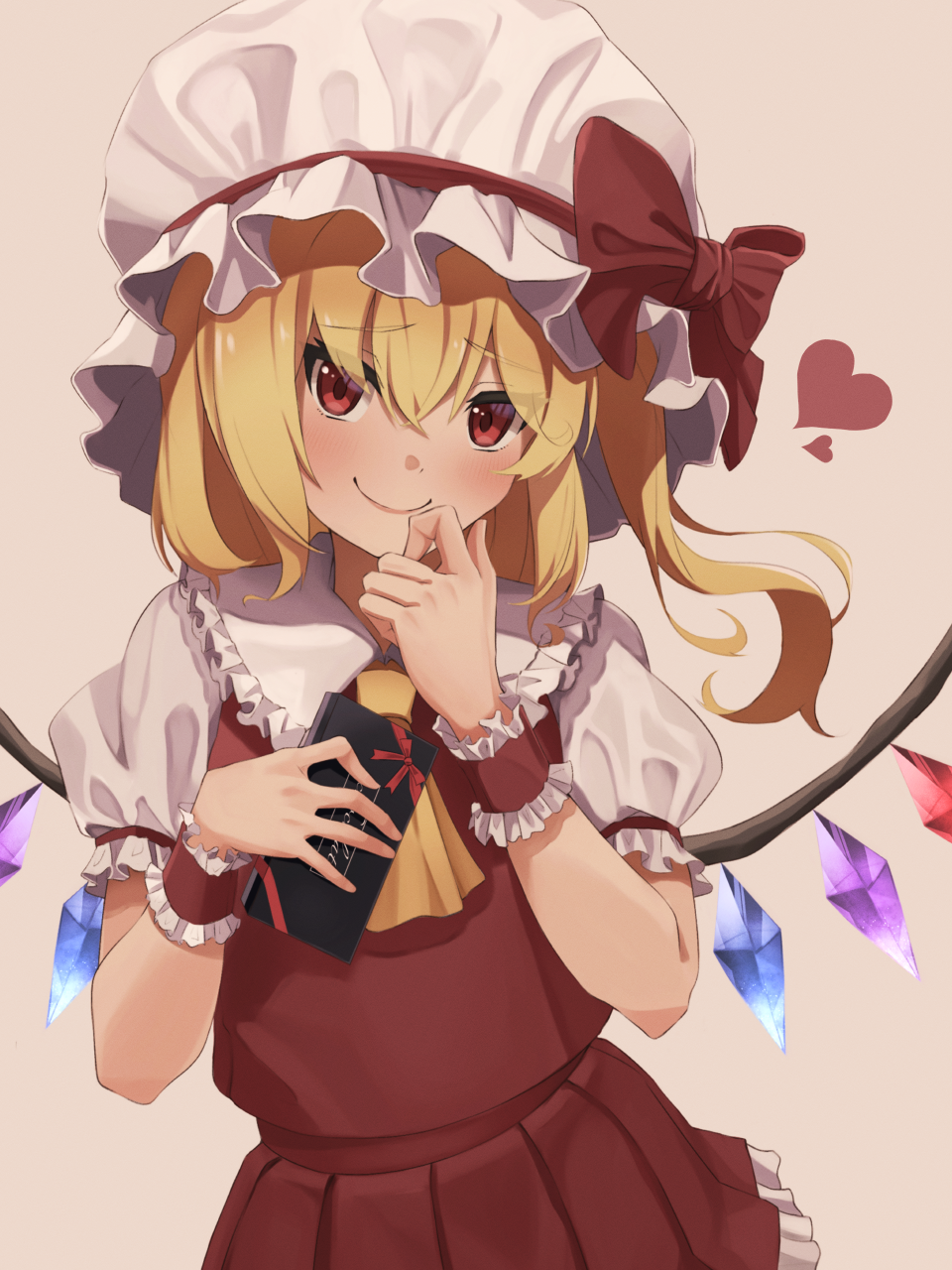 1girl ascot blonde_hair blush closed_mouth collared_shirt crystal flandre_scarlet frilled_shirt_collar frilled_sleeves frills hair_between_eyes hat heart highres holding long_hair looking_at_viewer mob_cap one_side_up red_eyes red_skirt red_vest shirt short_sleeves skirt smile solo totoraisu touhou vest white_headwear white_shirt wings yellow_ascot