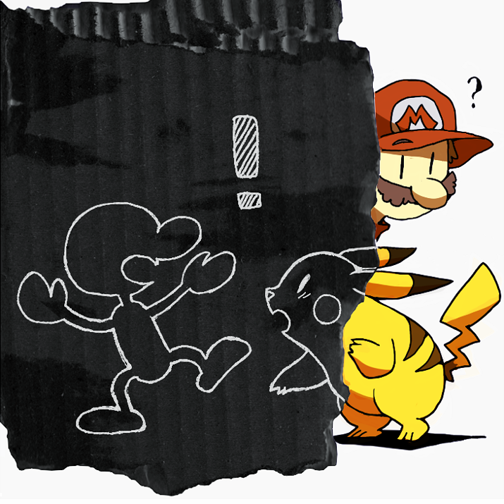 ! 2boys ? big_nose black_eyes blush_stickers brown_hair cabbie_hat facial_hair faux_traditional_media full_body game_&amp;_watch hat lightning_bolt_symbol looking_at_another mario mr._game_&amp;_watch multiple_boys mustache open_mouth persona persona_3 persona_3_portable pikachu pokemon pokemon_(creature) red_headwear shadow short_hair simple_background solid_oval_eyes super_mario_bros. super_smash_bros. teijiro very_short_hair white_background