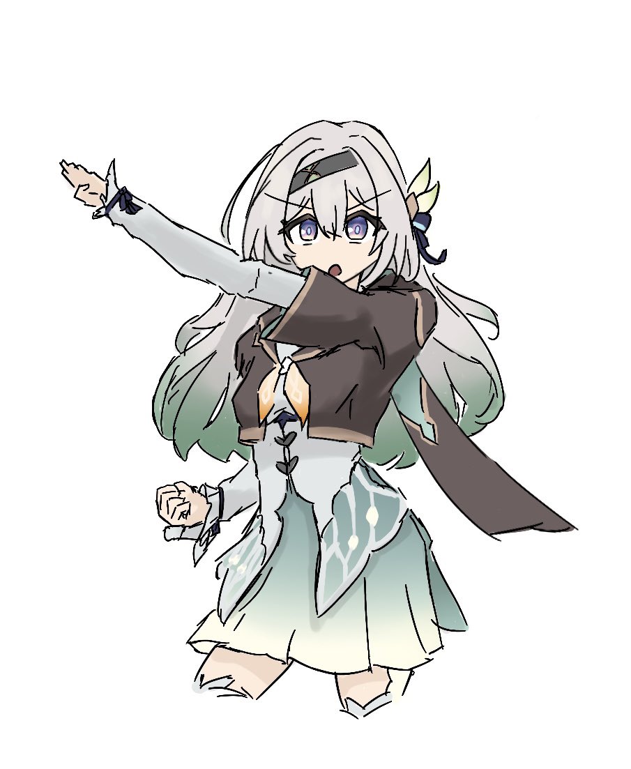 1girl arm_up blue_bow blue_pupils bow breasts bright_pupils brown_jacket brown_sailor_collar brown_scarf clenched_hand commentary contrapposto cropped_jacket cropped_legs d: dress firefly_(honkai:_star_rail) flower gradient_hair green_dress green_hair green_skirt hair_flower hair_ornament hairclip henshin_pose honkai:_star_rail honkai_(series) jacket kamen_rider layered_sleeves long_eyebrows long_hair long_sleeves looking_at_viewer messy_hair multicolored_hair no_nose open_mouth orange_bow outstretched_arm pink_eyes pleated_skirt posing sailor_collar salute scarf shinkitori short_over_long_sleeves short_sleeves simple_background skirt small_breasts solo straight-arm_salute thigh-highs violet_eyes white_background white_dress white_hair white_thighhighs wide_sleeves zettai_ryouiki