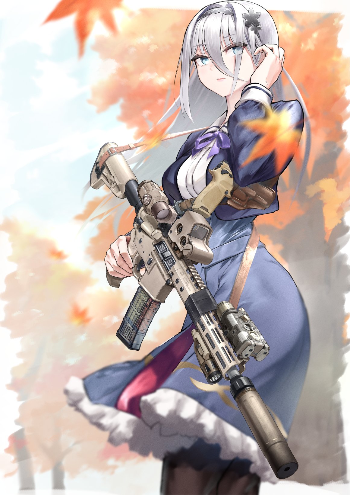 1girl autumn_leaves black_jacket black_pantyhose blue_eyes blue_skirt breasts closed_mouth commission frilled_skirt frills grey_hair gun hair_between_eyes hair_ornament hair_over_one_eye hairband highres holding holding_gun holding_weapon jacket leaf long_hair long_sleeves original outdoors pantyhose rifle shirt sig_mcx skeb_commission skirt solo utsucan weapon