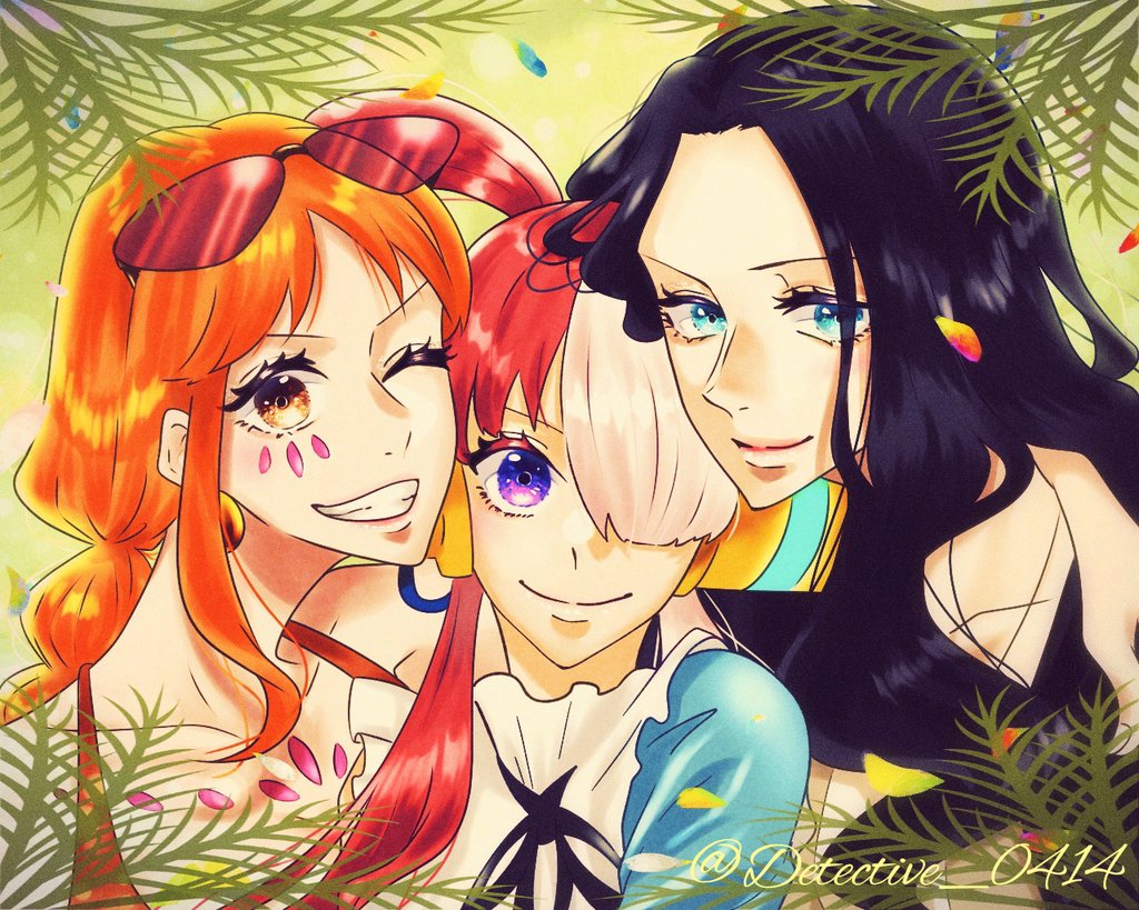 3girls blue_eyes close-up commentary_request detective_0414 earrings eyewear_on_head headphones jewelry long_hair looking_at_viewer multicolored_hair multiple_girls nami_(one_piece) neck_ribbon nico_robin one_eye_closed one_eye_covered one_piece one_piece_film:_red orange_eyes orange_hair redhead ribbon smile twintails twitter_username two-tone_hair uta_(one_piece) violet_eyes white_hair
