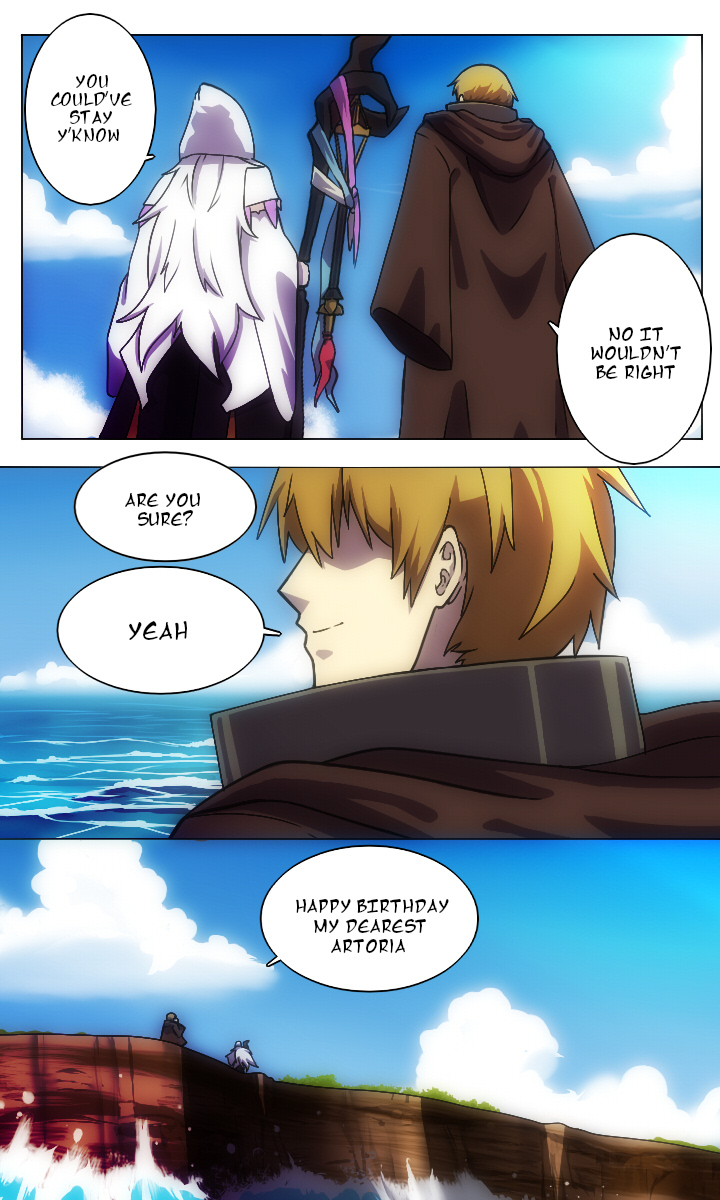 2boys blonde_hair brown_hair cliff clouds cloudy_sky english_text fate/grand_order fate_(series) highres holding holding_staff hood kay_(fate) lazyartlazy12 long_hair merlin_(fate) multiple_boys ocean sky speech_bubble staff white_hair
